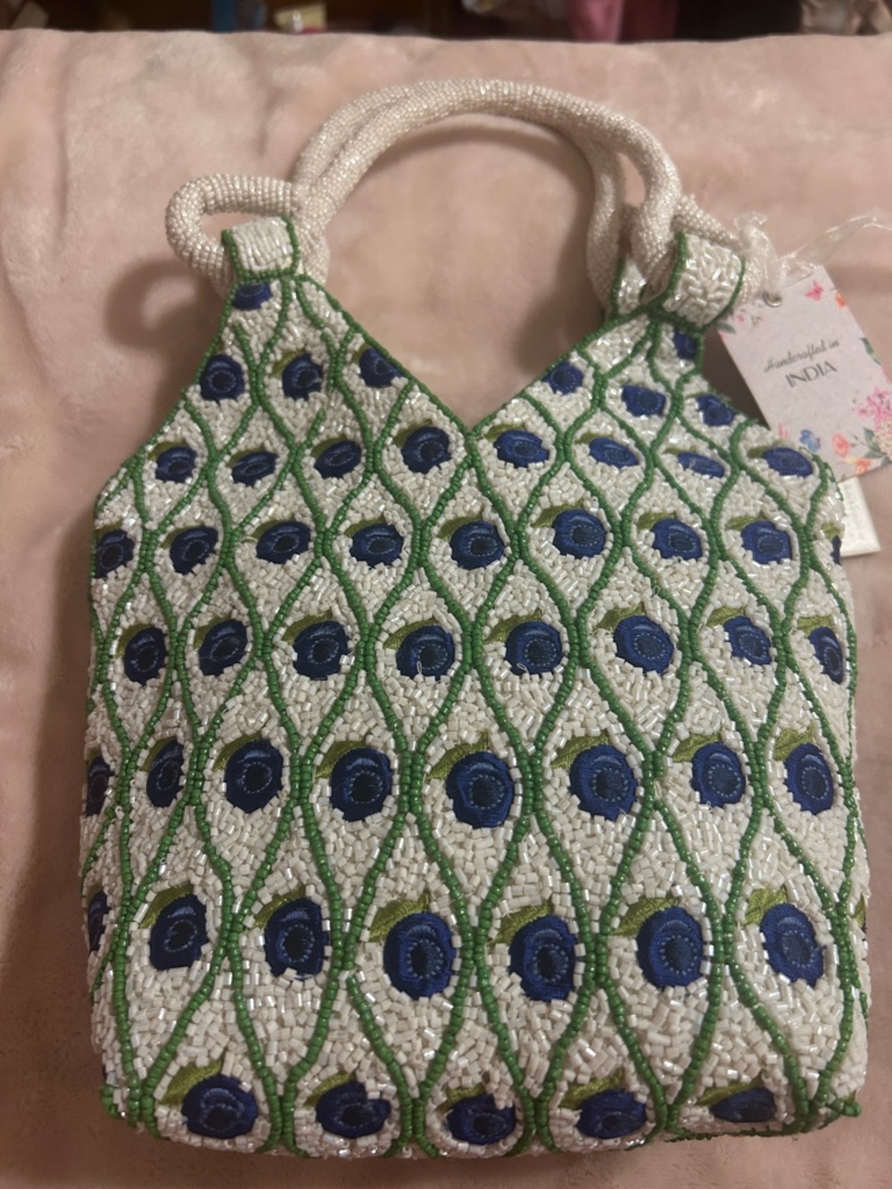 Hand-Beaded White, Blue & Green Tote Bag